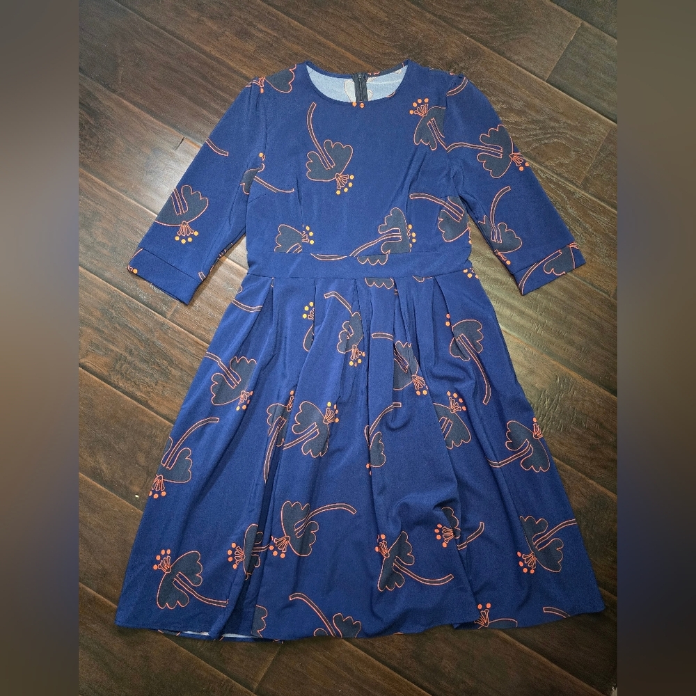 NWT Womens Floral Pleated Blue 3/4 Sleeve Fit Flare Dress XL